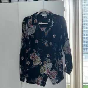 Black floral wrap tie blouse